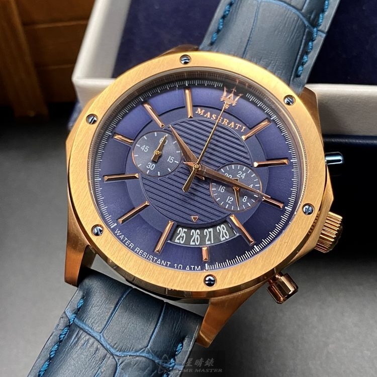 MASERATI手錶,編號R8871627002,46mm玫瑰金錶殼,寶藍錶帶款◉20A004
